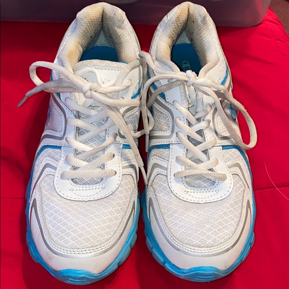 White and blue champion shoes size 8.5